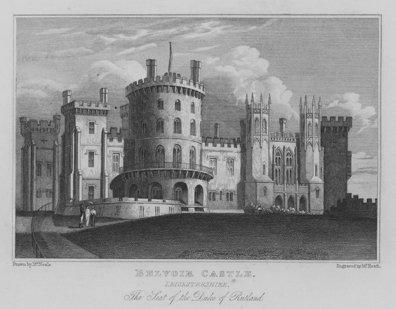 Belvoirin linna, Leicestershire; Rutlandin herttuan istuin (kaiverrus) tekijältä John Preston Neale
