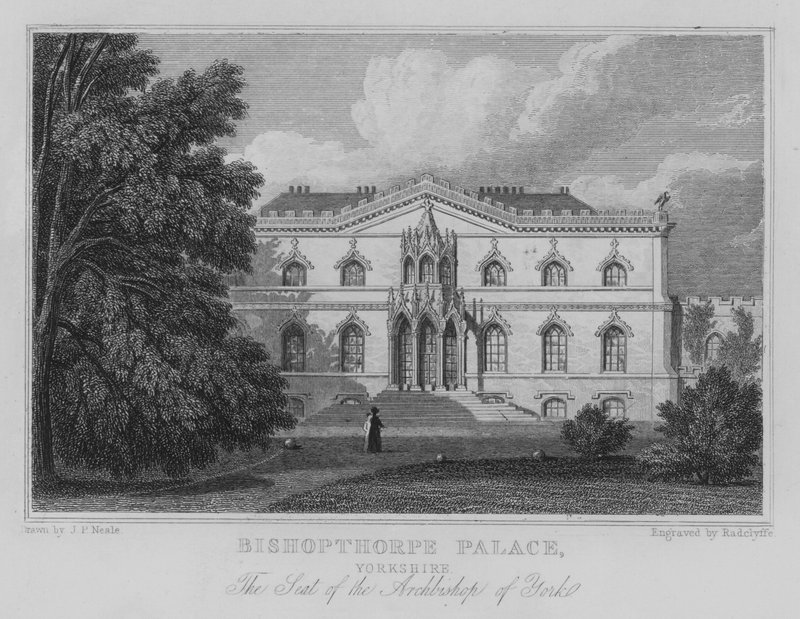 Bishopthorpen palatsi, Yorkshire, Yorkin arkkipiispan istuin (kaiverrus) tekijältä John Preston Neale