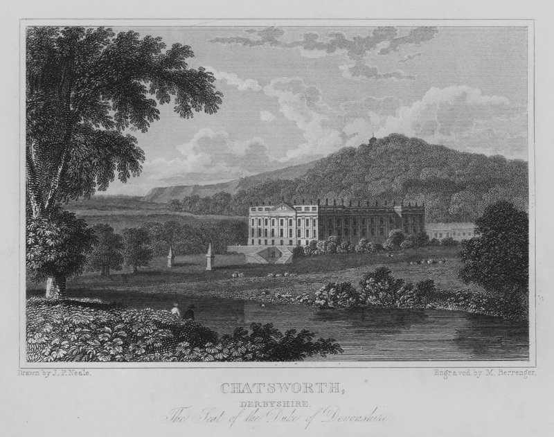 Chatsworth, Derbyshire, Devonshiren herttuan istuin (kaiverrus) tekijältä John Preston Neale