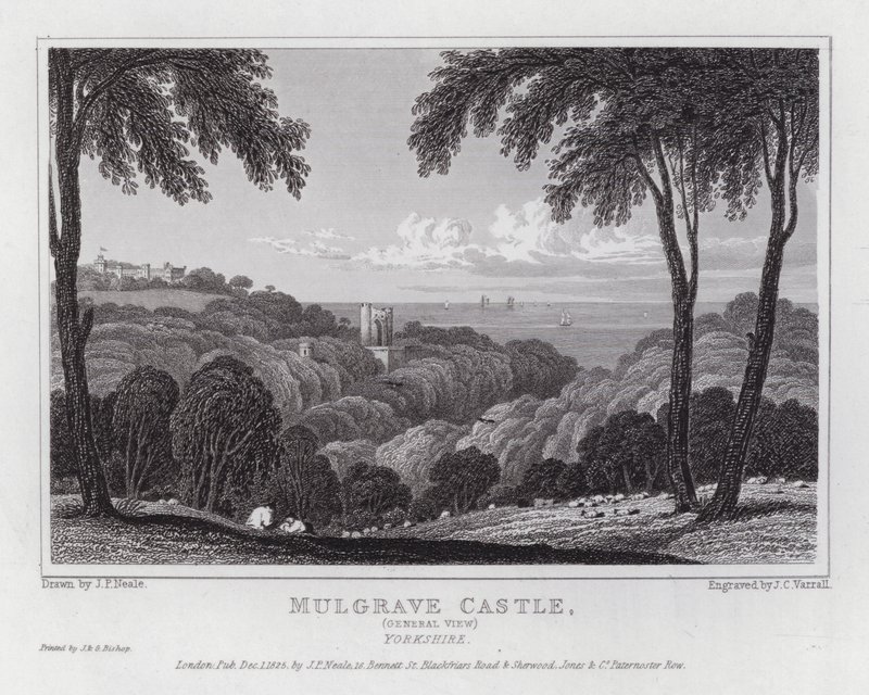 Mulgraven linna, yleisnäkymä, Yorkshire (kaiverrus) tekijältä John Preston Neale