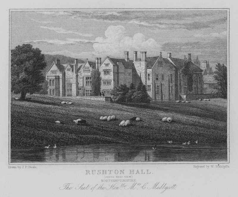 Rushton Hall, South West View, Northamptonshire, The Seat of the Honorable Mrs C Medlycott (kaiverrus) tekijältä John Preston Neale