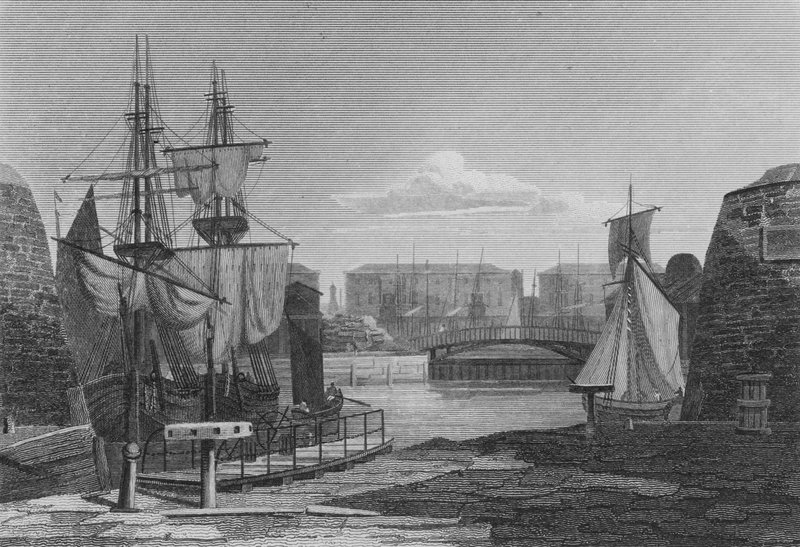 London Docksin sisäänkäynti (kaiverrus) tekijältä John Preston Neale