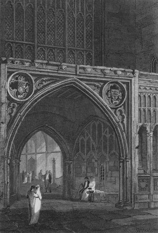 Westminster Hall, itäinen sisäänkäynti (kaiverrus) tekijältä John Preston Neale