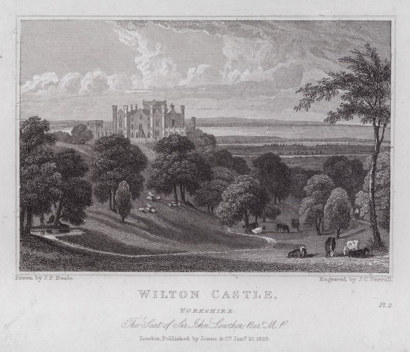 Wilton Castle, Yorkshire, Sir John Lowtherin kotipaikka (kaiverrus) tekijältä John Preston Neale