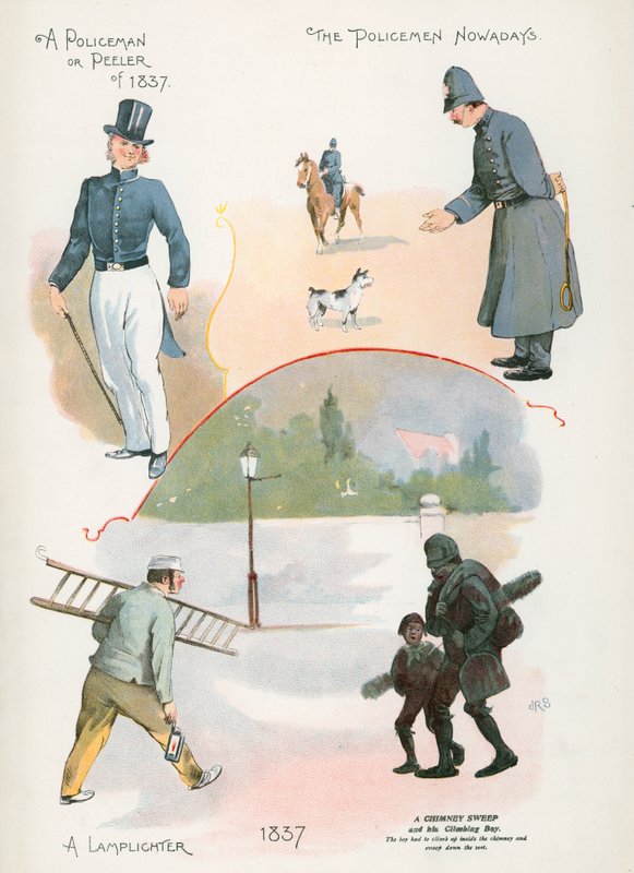 Vuoden 1837 poliisi tai kuorimies, nykyään poliisi, lampunvalaja, savupiipun nuohooja. tekijältä J. R. Sinclair