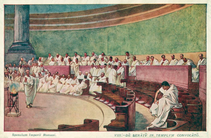 Cicero hyökkää Catilina kimppuun muinaisen Rooman senaatissa (väri litho) tekijältä J. Williamson