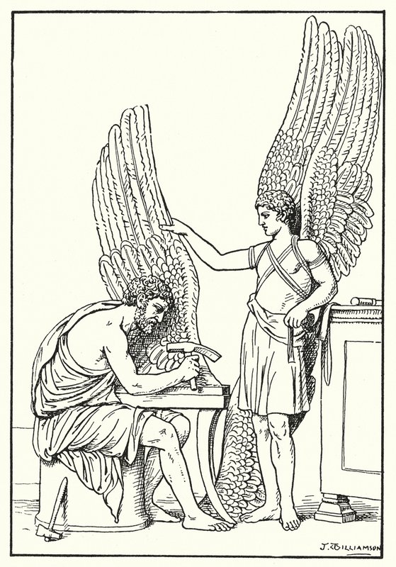 Daidalos ja Ikaros, reliefi, Rooma (litografia) tekijältä J. Williamson