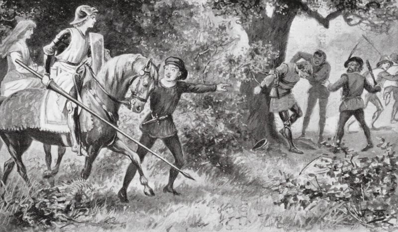 Gareth ryntäsi ryöstäjien kimppuun ja iski niin rohkeasti, että he pakenivat (litografia). tekijältä J. Williamson