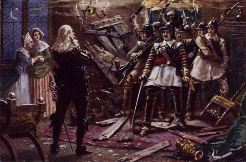 Oliver Cromwellin parlamentaariset sotilaat murtautumassa kuningas Kaarle I:n kannattajan taloon (värilitho) tekijältä J. Williamson