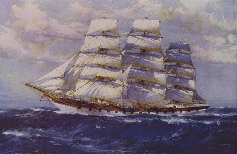 Purjelaiva Taranaki (väri litho) tekijältä Jack (after) Spurling