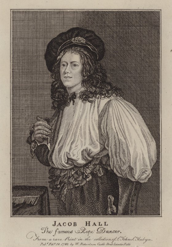 Jacob Hall, englantilainen köysitanssija ja akrobaatti, aktiivinen kuningas Kaarle II:n aikana (kaiverrus) tekijältä Jacob (after) Van Oost the Younger