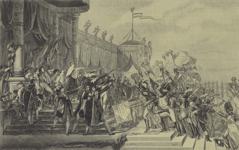 Napoleon jakaa kotkastandardeja Ranskan armeijalle, 5. joulukuuta 1804 (kaiverrus) tekijältä Jacques Louis (after) David