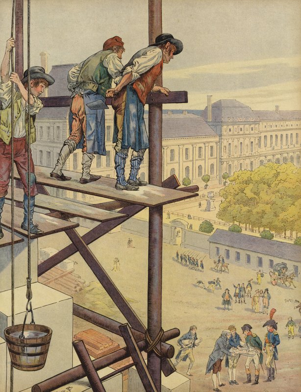 Rakennustyöntekijät katsovat alas Place des Pyramides -aukion rakennustelineistä tekijältä Jacques Marie Gaston Onfray de Breville (Job)