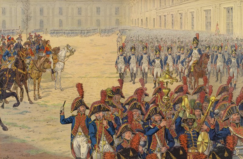Ensimmäinen katsaus konsulikaartiin Tuileriesin palatsin paraatikentällä tekijältä Jacques Marie Gaston Onfray de Breville (Job)