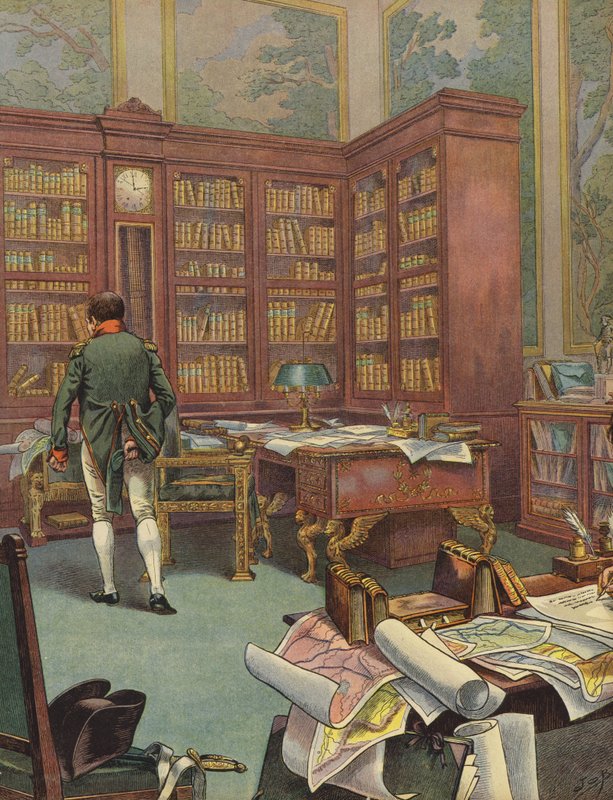 Napoleon Bonaparte konsultoi karttoja tutkimuksessaan tekijältä Jacques Marie Gaston Onfray de Breville (Job)