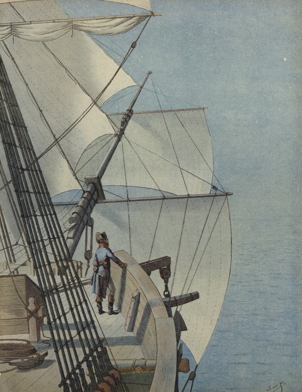 Napoleon Bonaparte laivan kannella tekijältä Jacques Marie Gaston Onfray de Breville (Job)