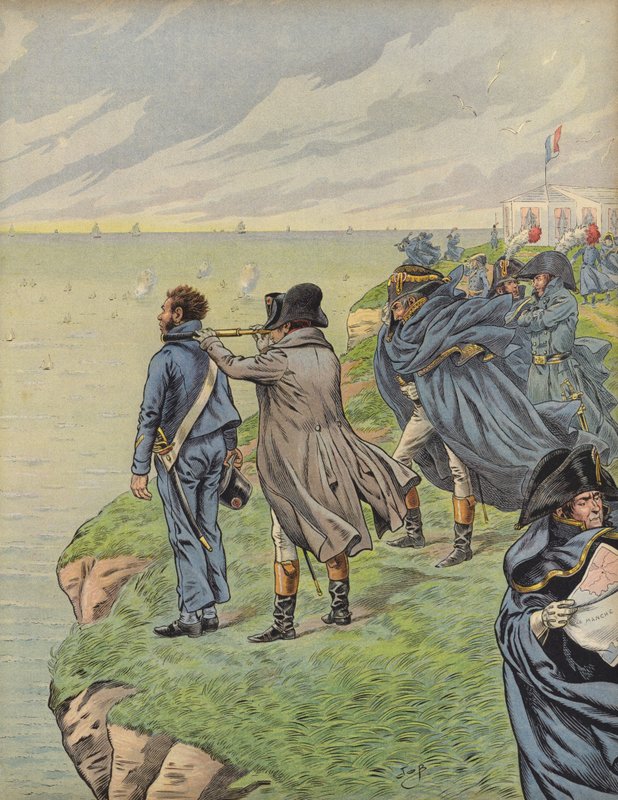 Napoleon Bonaparte tarkkailee laivastoaan niiden lähteessä Boulognessa tekijältä Jacques Marie Gaston Onfray de Breville (Job)