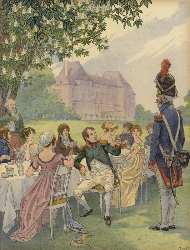 Napoleon Bonparte ja Josephine puutarhajuhlissa Chateau de Malmaisonin pihalla. tekijältä Jacques Marie Gaston Onfray de Breville (Job)