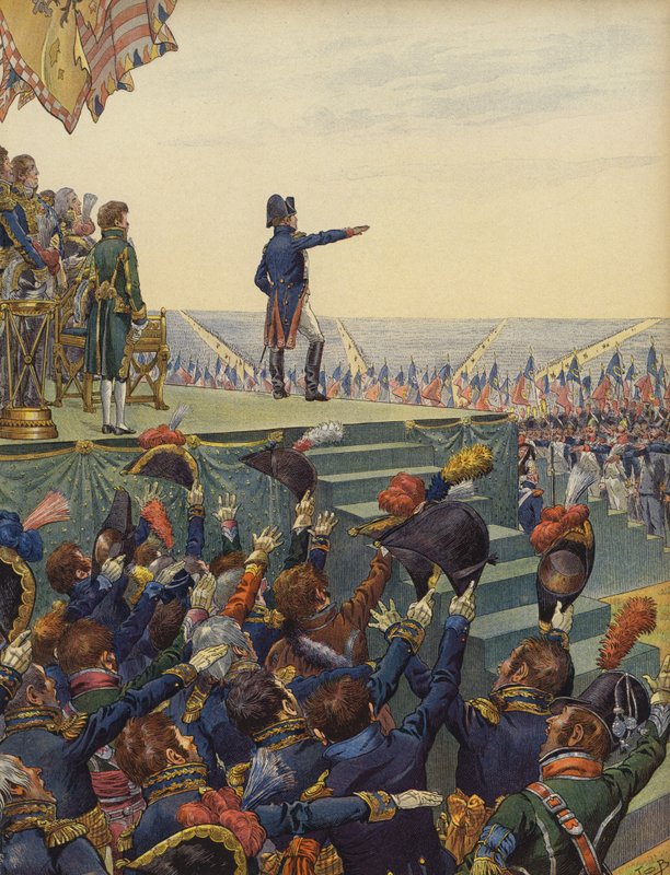 Napoleon Bonaparten armeija vannoo hänelle uskollisuutta. tekijältä Jacques Marie Gaston Onfray de Breville (Job)
