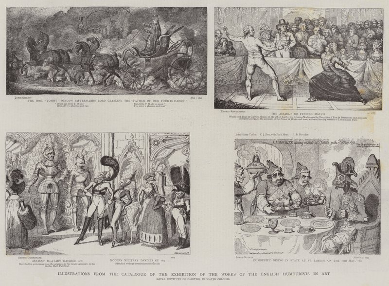 Kuvitus englantilaisten humoristien teosten taidenäyttelyn luettelosta. tekijältä James Gillray