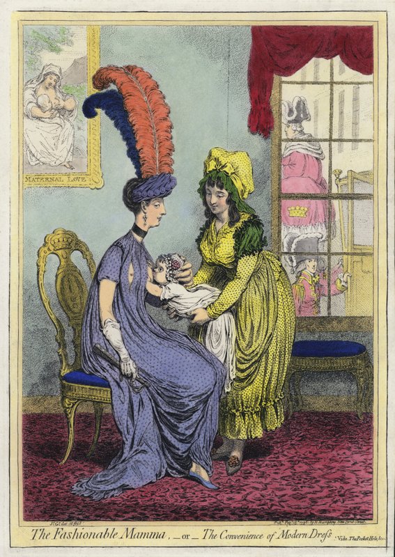 Imetys, The Fashional Mamma tai The Convenience of Modern Dress (värillinen kaiverrus) tekijältä James (after) Gillray
