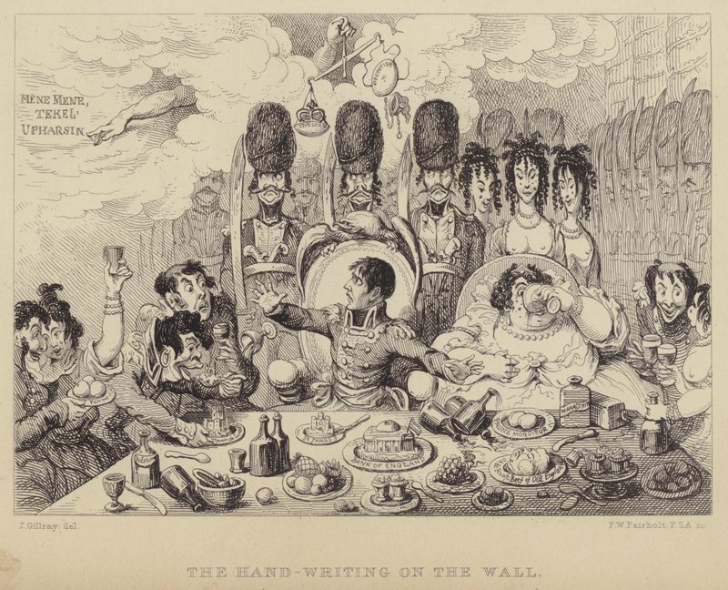Käsikirjoitus seinällä: parodia Belsaszarin juhlasta, joka kuvaa Napoleonia ja hänen vaimoaan Josephinea tekijältä James (after) Gillray