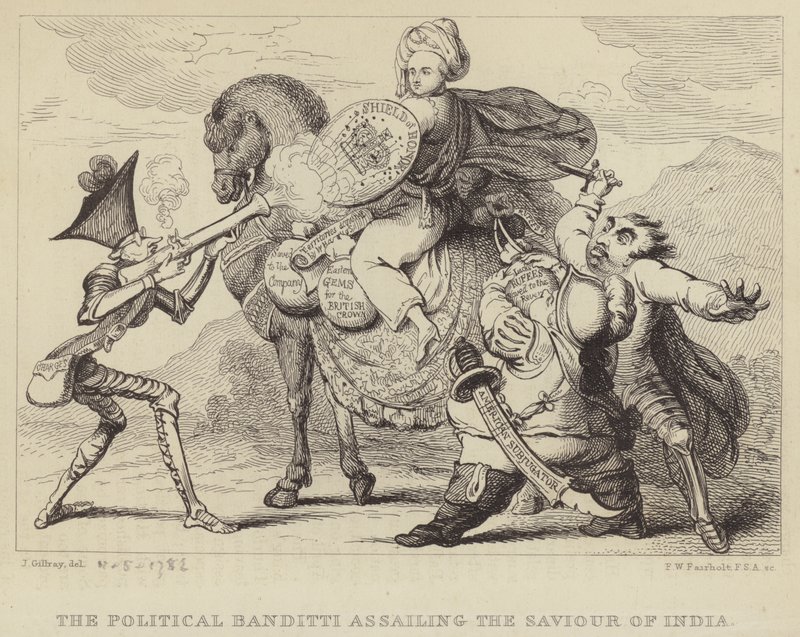 Poliittinen banditti hyökkäämässä Intian pelastajaa vastaan: Warren Hastings, Bengalin entinen kuvernööri, poliitikkojen Edmund Burken, Charles James Foxin ja Lord Northin hyökkäyksen kohteena tekijältä James (after) Gillray
