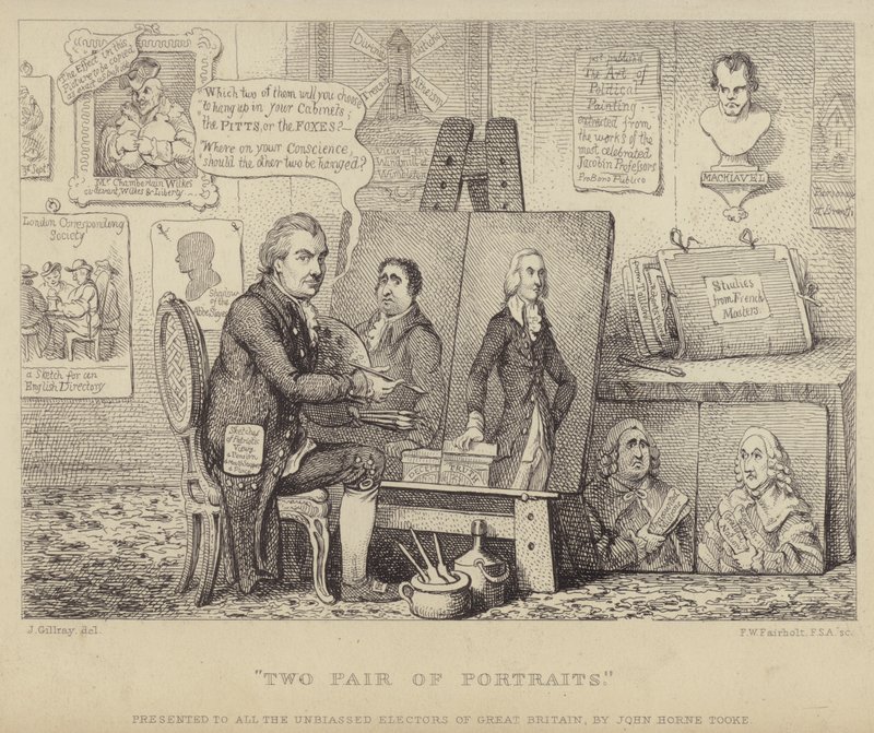 Kaksi muotokuvaparia: Whig-vastainen sarjakuva John Henry Tookesta ja Charles James Foxin muotokuvista paheesta ja William Pitt nuoremmasta, joka edustaa hyvettä tekijältä James (after) Gillray