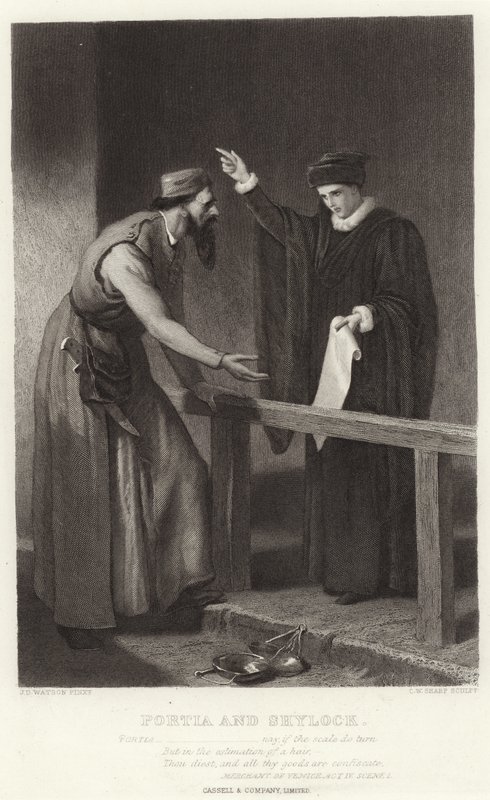 Portia ja Shylock, Venetsian kauppias, näytös IV, kohtaus I tekijältä James Dawson Watson