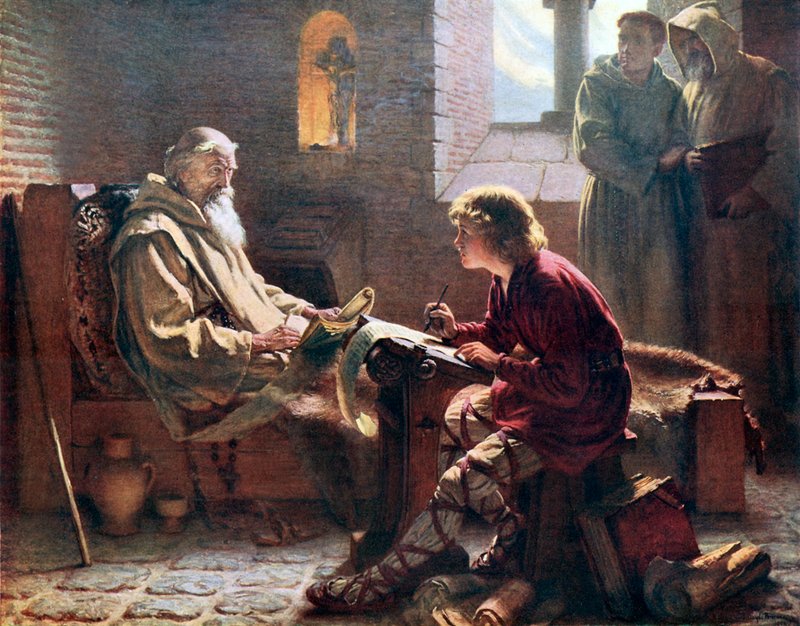 Kunnianarvoisa Bede kääntää Johanneksen viimeistä lukua. The Illustration from An Outline of Christianity, toimittajina A S Peake et al (Waverley, c 1910.) tekijältä James Doyle Penrose