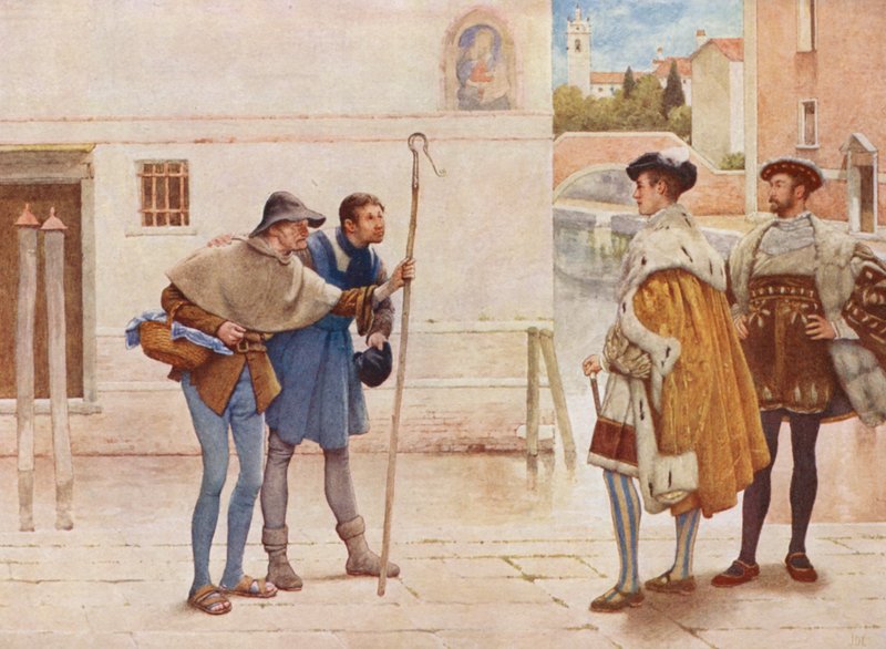 Shakespearen Venetsian kauppias: Bassanio, Lorenzo, Vanha Gobbo ja Launcelot Gobbo (värilitra). tekijältä James Dromgole Linton