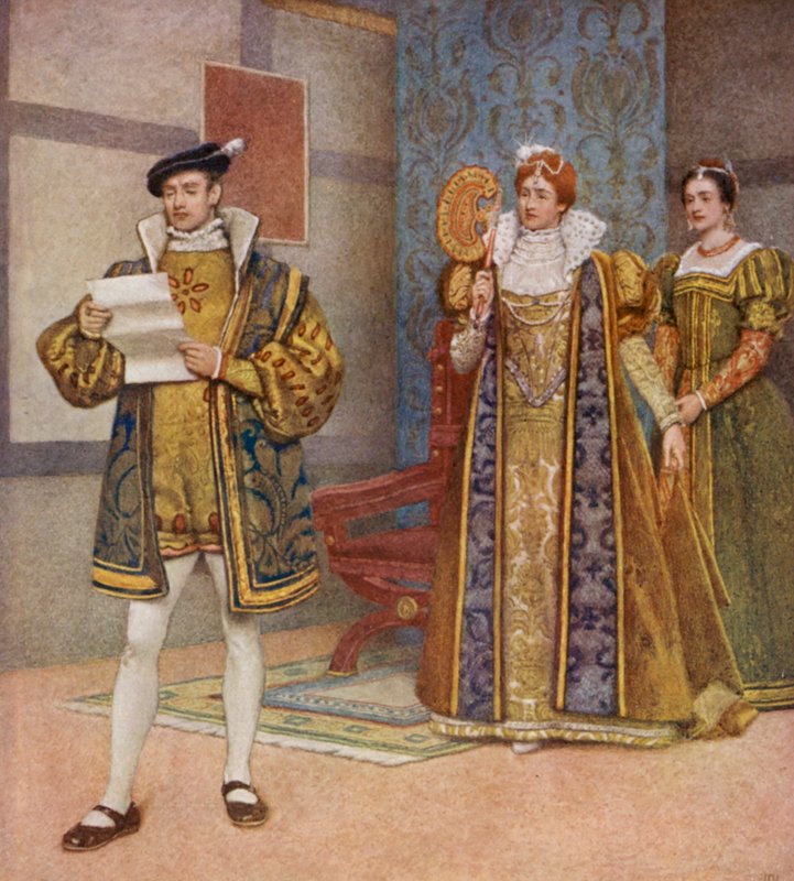 Shakespearen Venetsian kauppias: Bassanio, Portia ja Nerissa (värilitografia). tekijältä James Dromgole Linton