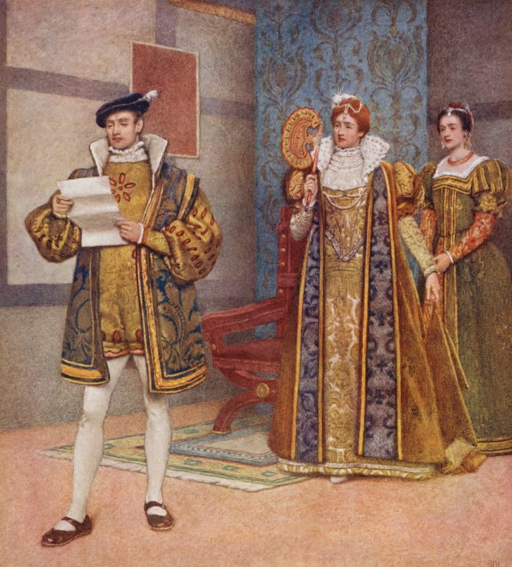 Shakespearen Venetsian kauppias: Bassanio, Portia ja Nerissa (värilitografia). tekijältä James Dromgole Linton