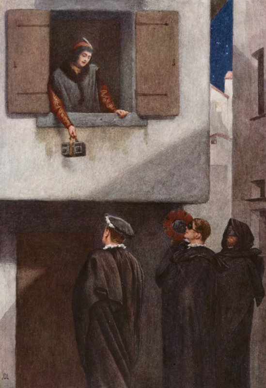 Shakespearen Venetsian kauppias: Jessica, Lorenzo, Gratiano ja Salarino (värilitra). tekijältä James Dromgole Linton