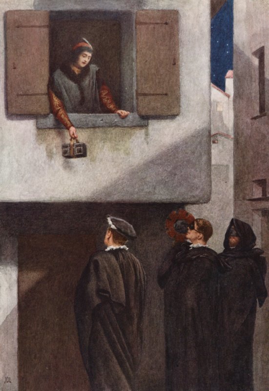 Shakespearen Venetsian kauppias: Jessica, Lorenzo, Gratiano ja Salarino (värilitra). tekijältä James Dromgole Linton