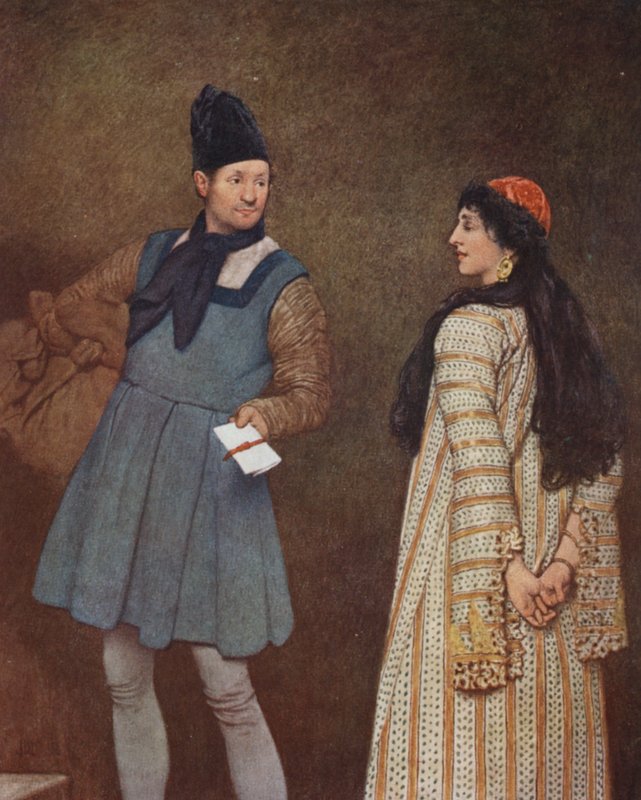 Shakespearen Venetsian kauppias: Jessica ja Launcelot (värilitografia). tekijältä James Dromgole Linton