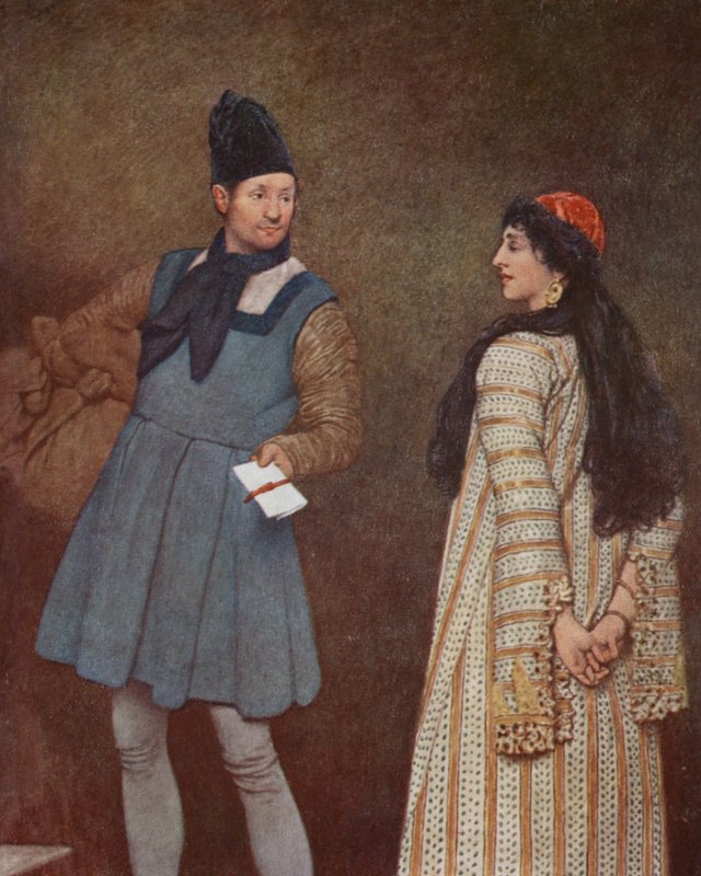 Shakespearen Venetsian kauppias: Jessica ja Launcelot (värilitografia). tekijältä James Dromgole Linton