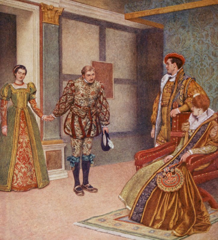 Shakespearen Venetsian kauppias: Portia, Bassanio, Gratiano ja Nerissa (värilitografia). tekijältä James Dromgole Linton