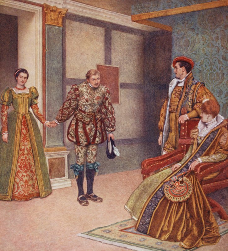 Shakespearen Venetsian kauppias: Portia, Bassanio, Gratiano ja Nerissa (värilitografia). tekijältä James Dromgole Linton