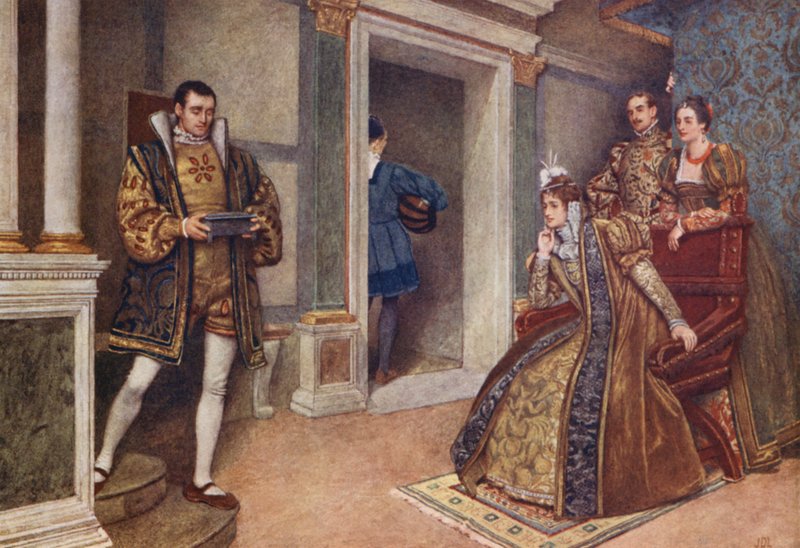Shakespearen Venetsian kauppias: Portia, Bassanio, Nerissa ja Gratiano (värilitro). tekijältä James Dromgole Linton