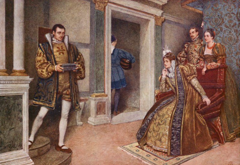 Shakespearen Venetsian kauppias: Portia, Bassanio, Nerissa ja Gratiano (värilitro). tekijältä James Dromgole Linton