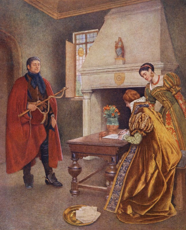Shakespearen Venetsian kauppias: Portia, Nerissa ja Balthazar (värilitografia). tekijältä James Dromgole Linton