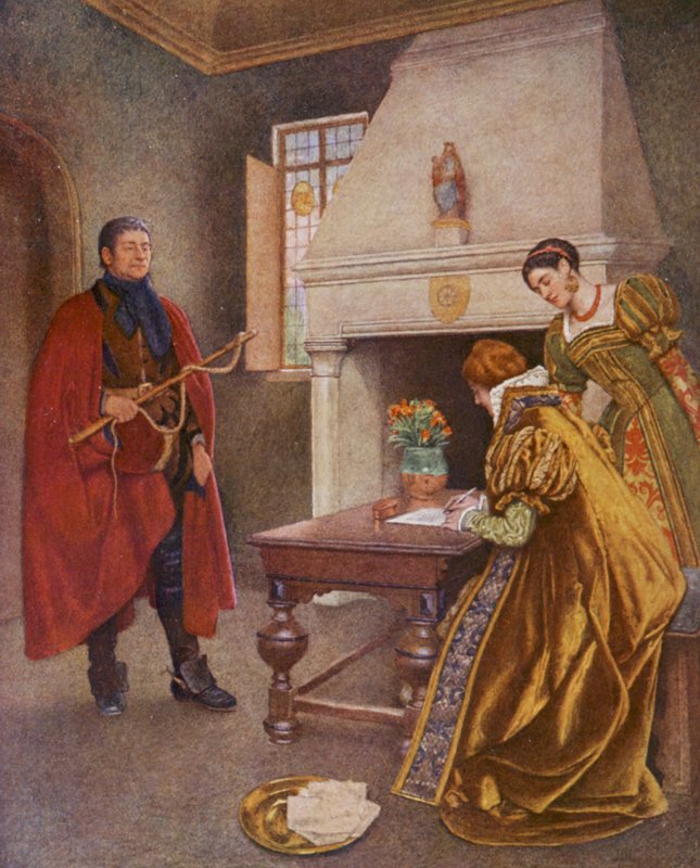 Shakespearen Venetsian kauppias: Portia, Nerissa ja Balthazar (värilitografia). tekijältä James Dromgole Linton