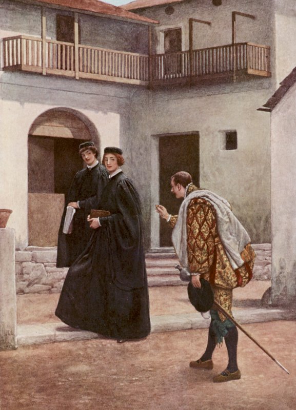 Shakespearen Venetsian kauppias: Portia, Nerissa ja Gratiano (värilitografia). tekijältä James Dromgole Linton