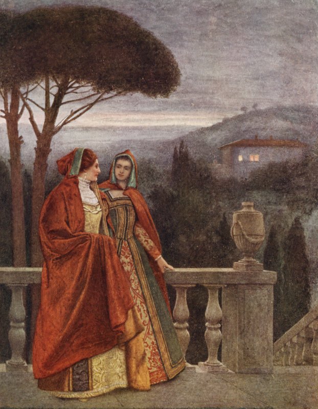 Shakespearen Venetsian kauppias: Portia ja Nerissa (värilitografia). tekijältä James Dromgole Linton