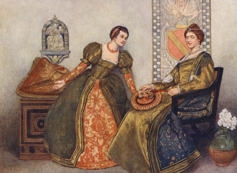 Shakespearen Venetsian kauppias: Portia ja Nerissa (värilitografia). tekijältä James Dromgole Linton