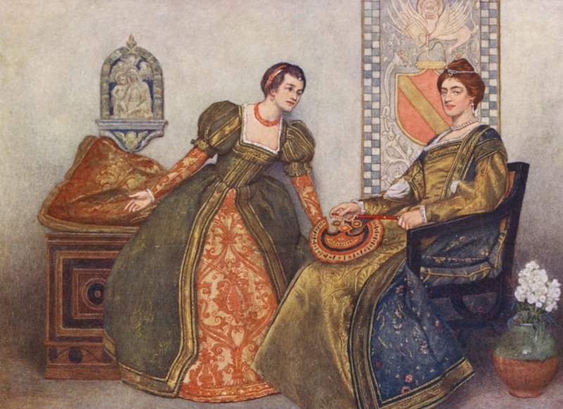 Shakespearen Venetsian kauppias: Portia ja Nerissa (värilitografia). tekijältä James Dromgole Linton