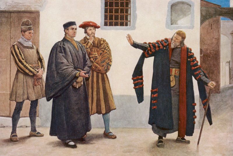 Shakespearen Venetsian kauppias: Shylock, Antonio, Salarino ja Gaoler (värilitografia). tekijältä James Dromgole Linton