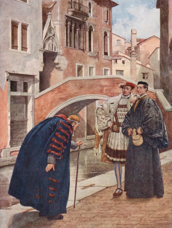 Shakespearen Venetsian kauppias: Shylock, Bassanio ja Antonio (värilitro). tekijältä James Dromgole Linton