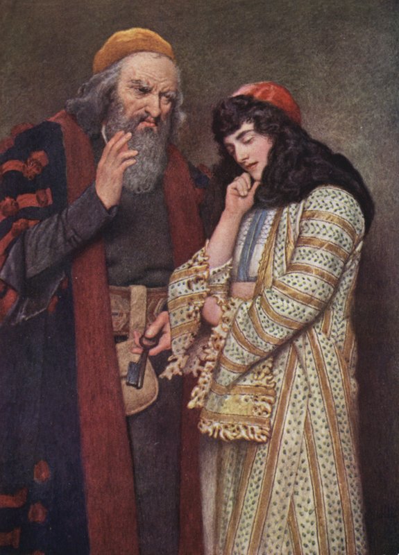 Shakespearen Venetsian kauppias: Shylock ja Jessica (värilitografia). tekijältä James Dromgole Linton